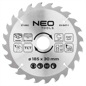 Neo Tools Diskinio pjovimo diskas, Widia, 185 x 30 mm, 24 dantukai