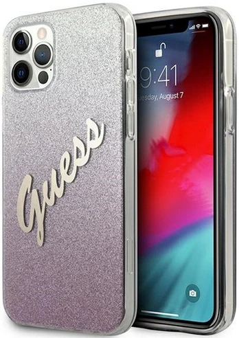 Telefono dėklas Guess Glitter Gradient Script iPhone 12 Pro Max, Apple iPhone 12 Pro Max, šviesiai rožinė