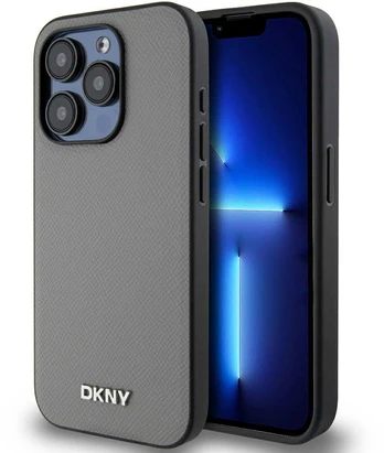Dėklas DKNY PU Leather Sidabrinis Metal Logo Magsafe Case for iPhone 15 Pro Max Pilkas
