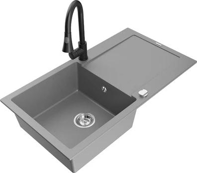 Granitinė virtuvinė plautuvė Mexen Leo su maišytuvu ir sifonu, Grey+Black