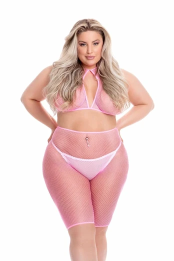 SUNSET GLOW Bike Short Set Pink Plus Size Fishnet Sporty Style