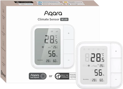Aqara išmanusis temperatūros ir drėgmės jutiklis W100, Thread/Zigbee, LCD ekranas, 3 programuojami mygtukai, TH-S04E