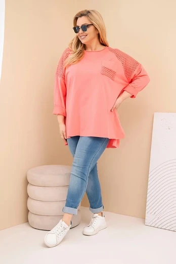 Moteriškas Plus Size medvilninis džemperis su raštu, persikų spalvos