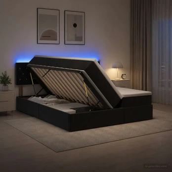 LED saugojimo lova su čiužiniu Juoda 200 x 200 cm Aksomas
