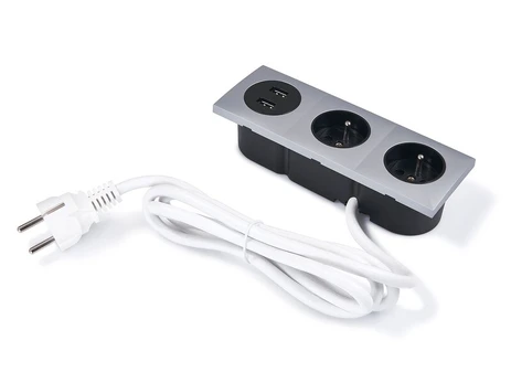Įleidžiamas stalviršio elektros lizdas 2x230v + 2xusb, sidabrinis