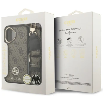 Guess 4G Strass Logo & Big Strap Metal Buttons MagSafe Case for iPhone 17 - Brown