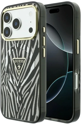 Dėklas Guess IML Zebra Glitter Triangle Logo MagSafe do iPhone 18 Pro Max / 17 Pro Max sidabrinė