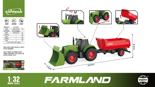 Green Tractor with Lights & Sound Function 1:32 + Red Trailer