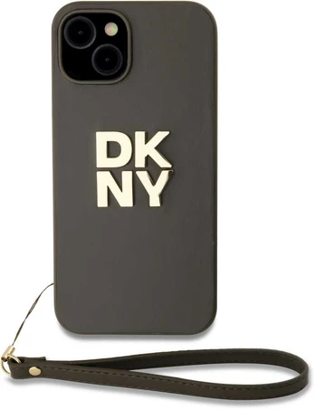 Dėklas DKNY PU Leather Stack Logo Wrist Strap Case for iPhone 14 Žalias