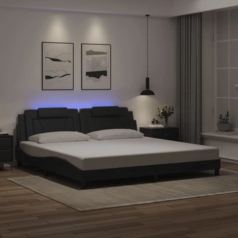 Lovos rėmas su LED, juodos spalvos, 200x200cm, dirbtinė oda