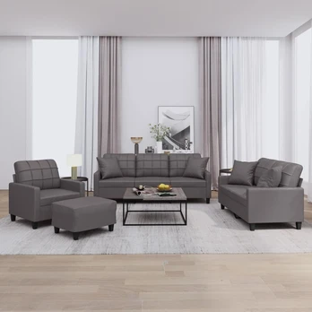 Sofa Sofos komplektas su pagalvėmis, 4 dalių, pilkas, dirbtinė oda