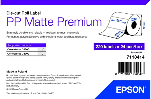Epson PP MATTE LABEL PREM DIE-CUT/ROLL 76X127MM 220 LABELS