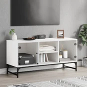 TV spintelė su stiklinėmis durelėmis, balta, 102x37x50cm kaina
