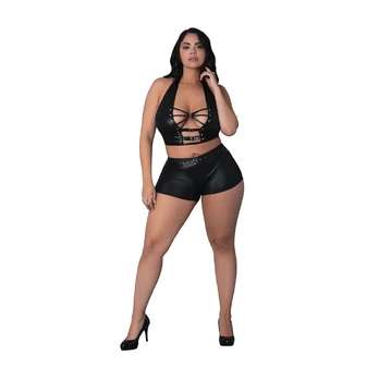 Magic Silk Thalia Halter Top & Shorts Set 2X Black - Studded Design