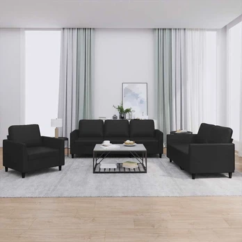 Sofa Sofos komplektas su pagalvėlėmis, 3 dalių, juodas, dirbtinė oda
