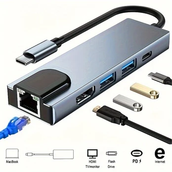 5-in-1 Type-C HUB Adapteris su HDMI, RJ45, USB 3.0 ir PD