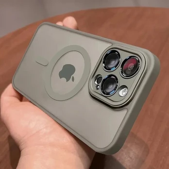 iPhone 15 dėklas su MagSafe magnetu ir kamerų stikliukais, Pilkas