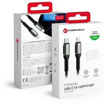 FORCELL F-ENERGY C259 cable Type C to Lightning PD 3A 27W Cafule 0,5 m juodas