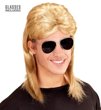 BLOND 80's MULLET WIG WITH GLASSES in polybag