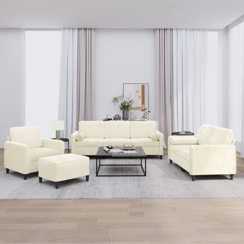 Sofa Sofos komplektas su pagalvėmis, 4 dalių, kreminis, aksomas
