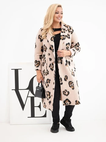 Moteriškas Plus Size paltas su leopardo raštu, smėlio spalvos