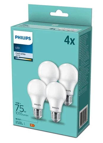 PHILIPS LED 75W A60 E27 vēsi balta 4000K matēta spuldze 4 gab.