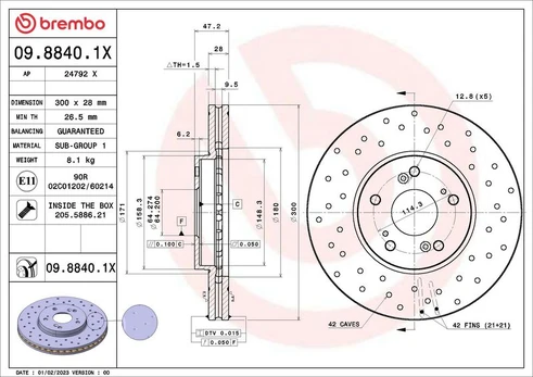Stabdžių diskas BREMBO 09.8840.1X