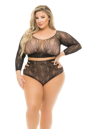 Back Me Up 2PC Short Set Black Plus Size - Elegant Mesh Lingerie