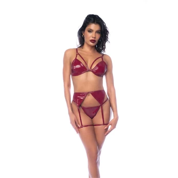 Mapale Three-Piece Lingerie Set XL Glossy Wine Red Vinyl Finish