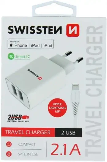 Swissten Travel Smart Ic 2x USB 2.1A + kabel USB - lightning 1.2m czarny