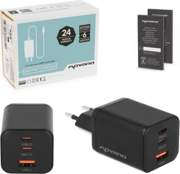 Movano GaN 65W 2x USB-C PD + USB-A Charger (Black)