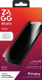 „ZAGG InvisibleShield Glass Elite“ privatumas, skirtas „iPhone 16 Pro“.