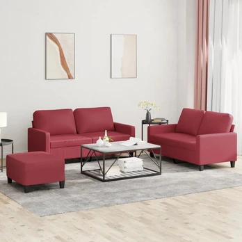 Sofa Sofos komplektas su pagalvėlėmis, 3 dalių, vyno, dirbtinė oda