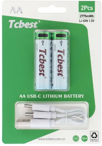 TCBEST rechargable battery R6 (AA) 750 mAh with socket Type C + cable USB A to 2 x Type C 2 pcs