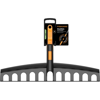 FISKARS UNIVERSALUS SODO GRĖBLYS LAPAMS IR DIRVOS LYGINIMUI, PLASTIKINĖ GALVUTĖ ONECLICK SISTEMAI