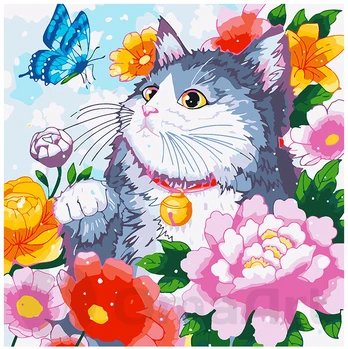 Tapyba pagal skaičius Katė gėlėse 40x40 cm