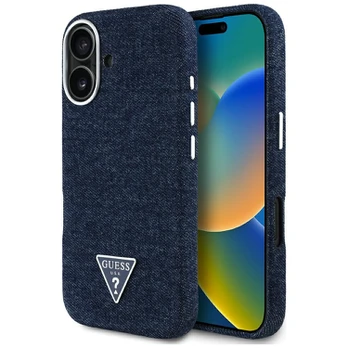 Dėklas Guess Denim Triangle Logo MagSafe do iPhone 16 mėlyna