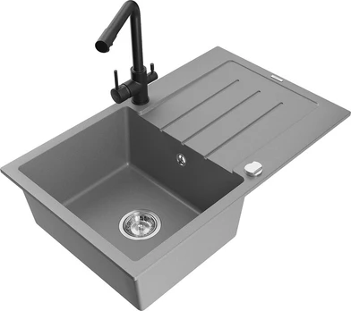 Granitinė virtuvinė plautuvė Mexen Bruno su maišytuvu ir sifonu, Grey/Black