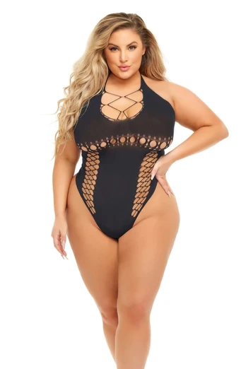 HOT TOO HANDLE Bodysuit Black Halter Neck One-Piece, Size QS