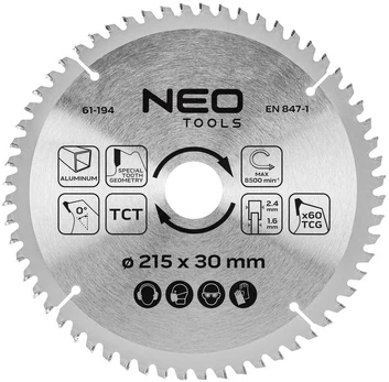 Neo Tools Diskinio pjovimo diskas, Widia, 215 x 30 mm, 60 dantų, aliuminio