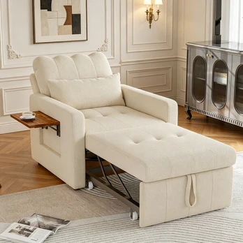 Sofa-lova su pagalvėlėmis ir šoninėmis kišenėmis, smėlio spalvos
