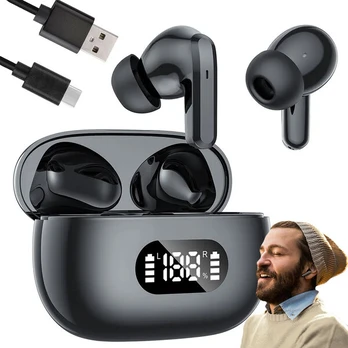 Belaidės „Bluetooth“ į ausis įdedamos ausinės su įkrovimo indikatoriumi, dėklu ir mikrofonu