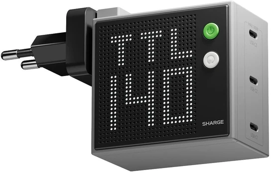 SHARGE Pixel 140 GaN Charger, 140W, 3x USB-C, Dot Matrix Ekranas - pilkas