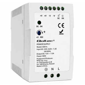 Qoltec 50914 DIN bėgio maitinimo šaltinis | 90W | 12V | 7.5A | Baltas | Lieknas