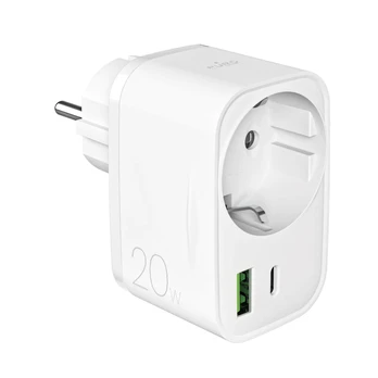 Puro 20W Power Delivery Charger with Schuko Plug and Socket 1x USB-C + 1x USB-A - Baltas