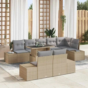 Sodo Sofa Rinkinys 9 dalių Pilka ir smėlio Ratanas ir poliesteris
