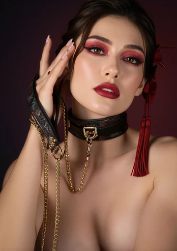 GEISHA Floral Jacquard Collar & Leash Set Vegan Leather Black