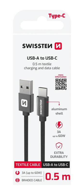 Swissten Textile USB / USB-C Data Cable 0.5m Black