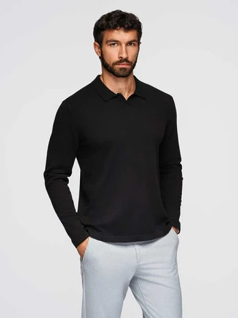 Structured men's polo longsleeve with patch - juodas V1 OM-POLS-0131
