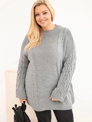 Moteriškas Plus Size megztinis su pynių raštu, pilkos spalvos